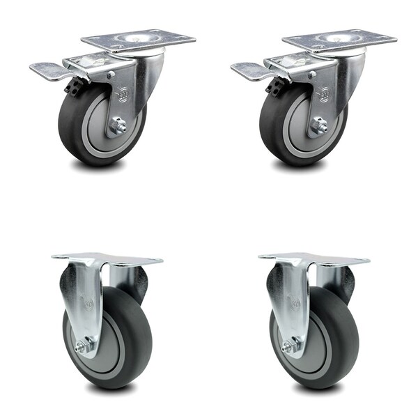 4 Inch Thermoplastic Rubber Swivel Top Plate Caster Lock Brakes 2 Rigid, 2PK